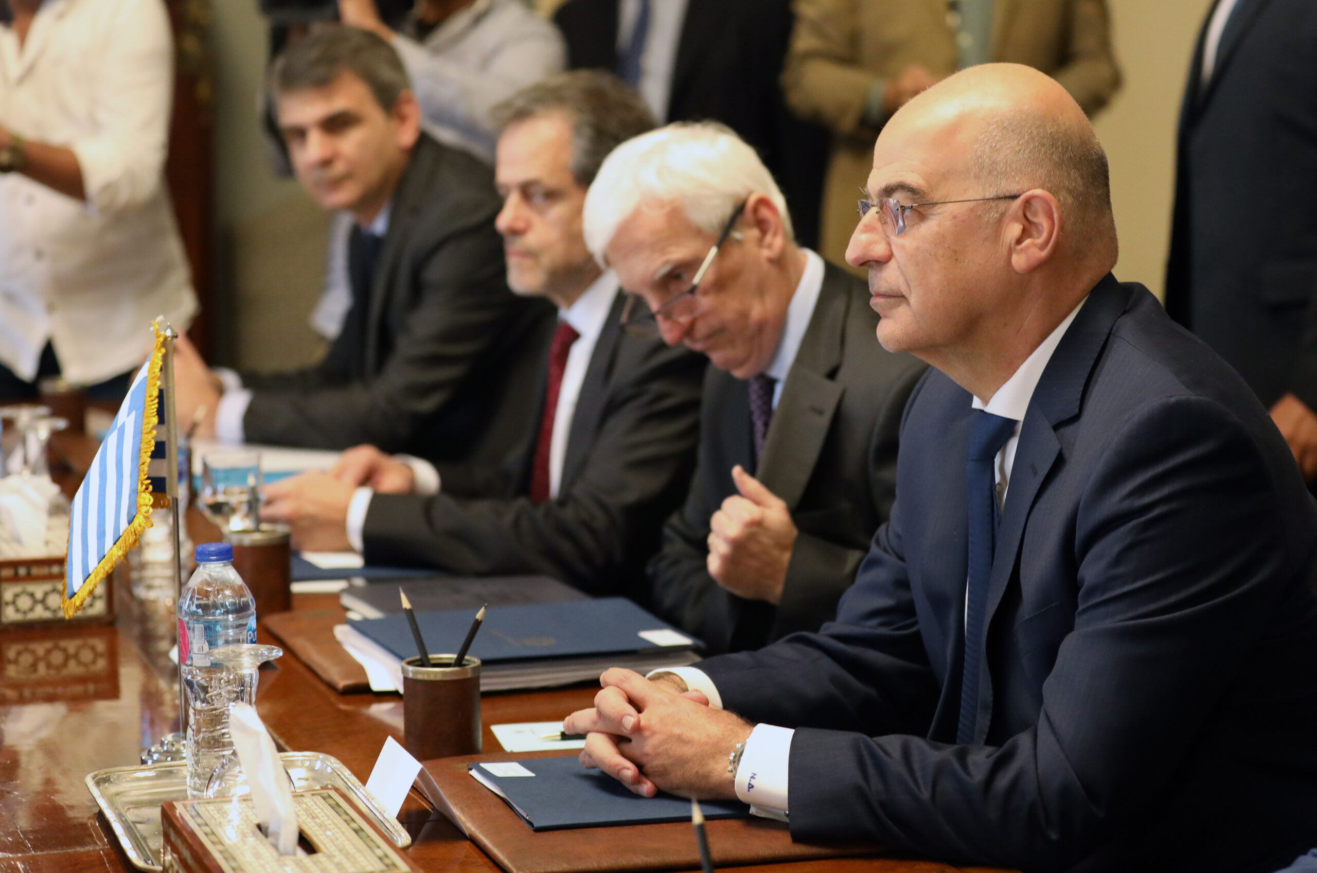 epa08037030 Greek Foreign Minister Nikos Dendias (R) looks on during a meeting with his Egyptian counterpart in Cairo, Egypt, 01 December 2019. Dendias is on a one-day working visit to Egypt.  EPA/KHALED ELFIQI